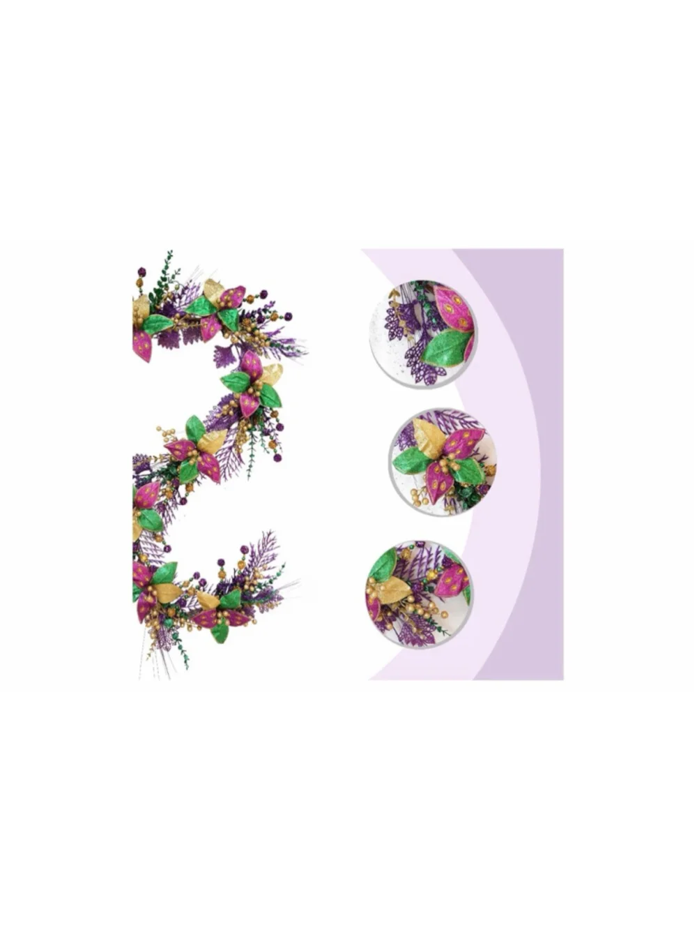 NEW 60” Mardi Gras Glitter Garland Purple Gold Green Poinsettia Flower